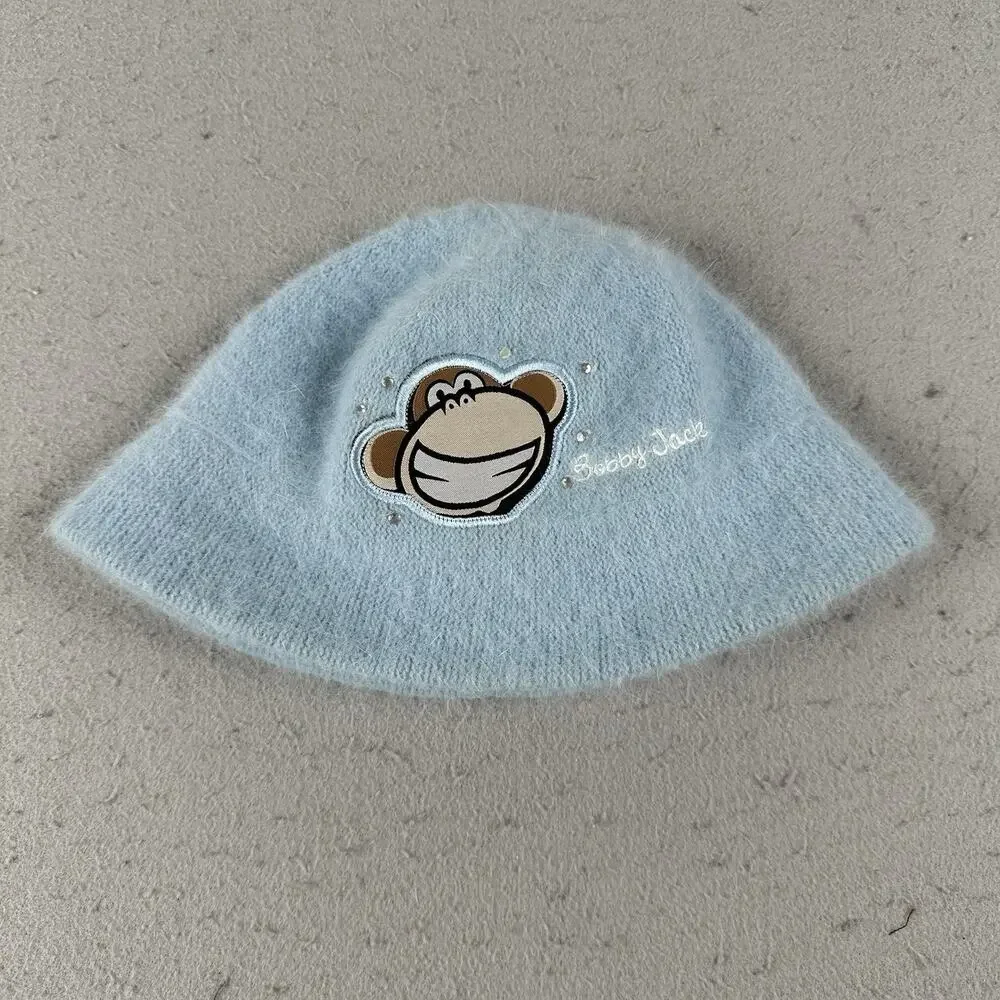 Y2K Bobby Jack Girls Fuzzy Angora Beanie Hat Blue‎ Monkey Embroidered Knit Retro